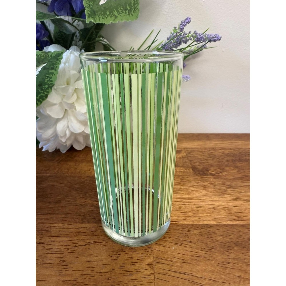Vintage MCM Green Collins Glass MCM‎ Tall Striped Barware Cocktail Glass